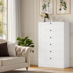 White 6 Drawer Dresser for Bedroom, 52" Tall Dresser & Chest of Drawers, 29" W Wood Drawer Chest, Modern Vertical Storage Cabinet for Living Room, Ent