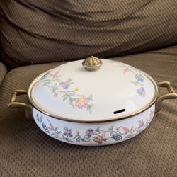 Vintage ~ French Fleur Enameled Steel Casserole Dish with Brass Handles & Lid