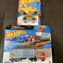Hot Wheels Mattel Transformers Optimus Prime Truck & GOLD Bumblebee VW Beetle