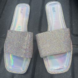 H2K Dream SILVER Glitter Bling Sparkle Fancy Slides Sandals Low Flats Size 10