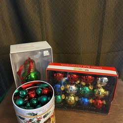 Lot Of Glass Ornaments & Music Box Tin