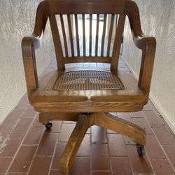 Antique Oak Cast Iron Swivel Wood Bankers Wicker Chair 