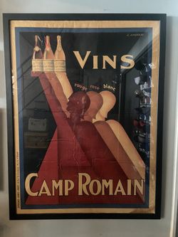Antique French Framed Wine Advertising Poster 1930 Vins Camp Romain