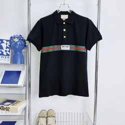 GUCCI red and green ribbon logo embroidered lapel polo shirt short sleeves