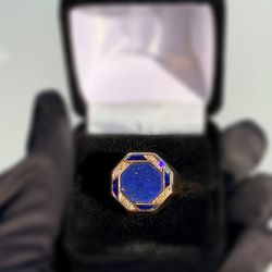 14k solid yellow gold Blue Lapis Lazuli stone 0.15CTW Natural Diamond Enameled ring sz11