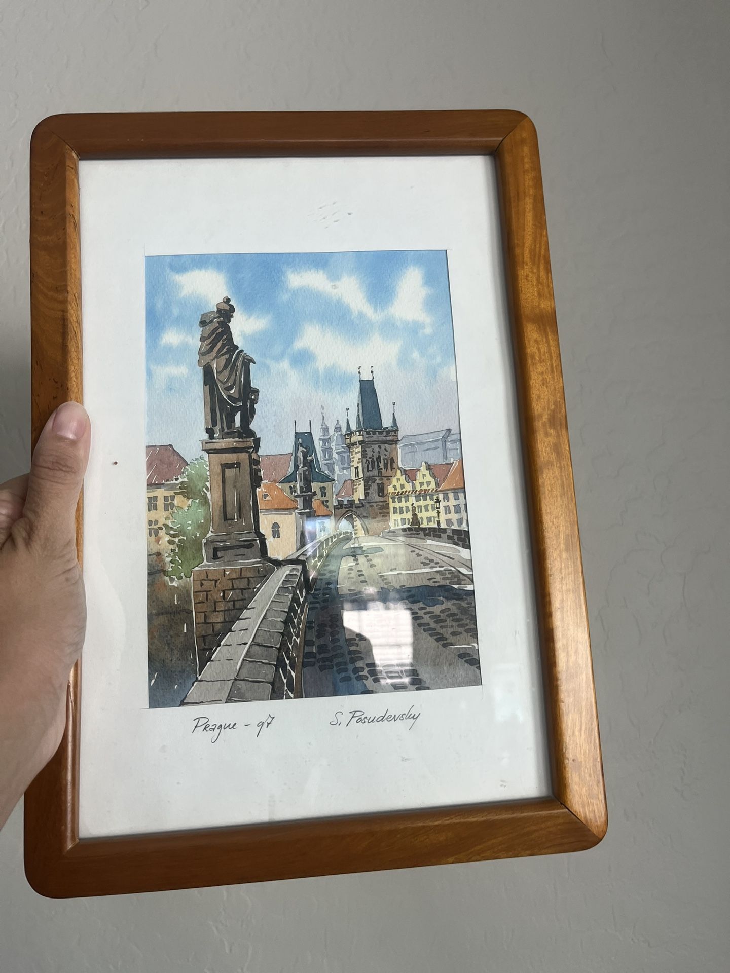 Statue of St. Lutgardis on the Charles Bridge, Prague, Vintage Painting Signed Made in Thailand 