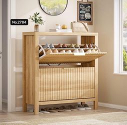 Fluted Shoe Cabinet Storage with 2 Flip Drawers ,Hallway Narrow Shoe Rack Freestanding Shoe Organizer ,Oak