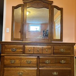 Solid Oak Bedroom Dresser with Mirror