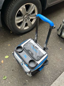 Recreational beach cooler with wheeled cart.