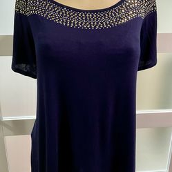 Belldini 2X Navy Cold Shoulder Embellished Top
