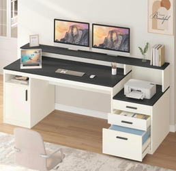 Black & White Executive Office Desk with Monitor Shelf and File Cabinet