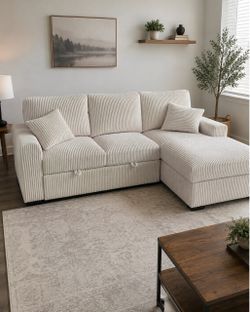 Cream Corduroy Sleeper Sectional w/ Storage Chaise