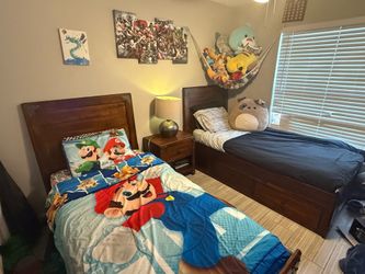 Twin bed frames and mattress with nightstand and lamp