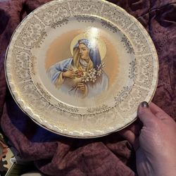 Mother Mary Sacred Heart Plate W/ Gold 