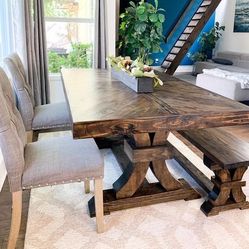 Custom Dining Table Farmhouse Country French Modern Rustic Solid Wood Set Restoration Hardware Insp Bench Hand Built Round Oval Counter Breakfast  