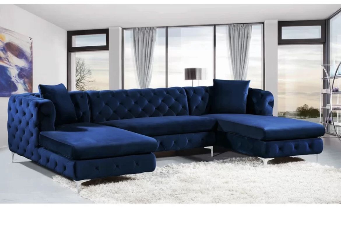 Large Blue Velvet Sectional