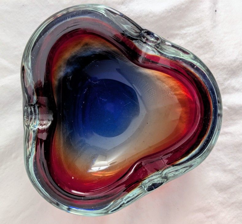 Murano Art Glass - Red & Blue Sommerso Ashtray Bowl