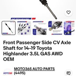 Toy Highlander 14-19’ New Rt Side CV Axle Save $