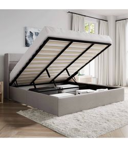 O43 $180  King Size Lift Up Storage Bed/Modern Wingback Headboard/Upholstered Platform Bed Frame/Hydraulic Storage/No Box Spring Needed/Wood Slats Sup