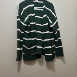 No Boundaries Green & White Striped Cardigan Sweater 