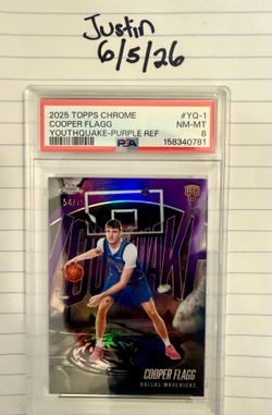 2025 TOPPS CHROME YOUTHQUAKE PURPLE REFRACTOR #YQ-1 COOPER FLAGG 30/75 PSA 8