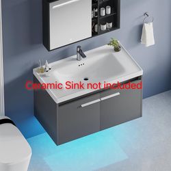 31" Floating Bathroom Vanity with Sink, Modern Bathroom Vanity with LED Light, Wall Mounted Sink Cabinet with 2 Doors, Grey