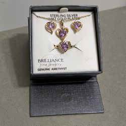Brilliance Fine Jewelry Amethyst Heart Necklace, Ring, and Earring set Brand New In The Box 