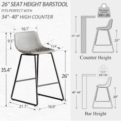 HeuGah Bar Stools Set of 4 Modern Counter Stools with Backs) (Comfortable Faux Leather Cushion Bar Stools) 26 Inch Seat Height for Home Kitchen Count