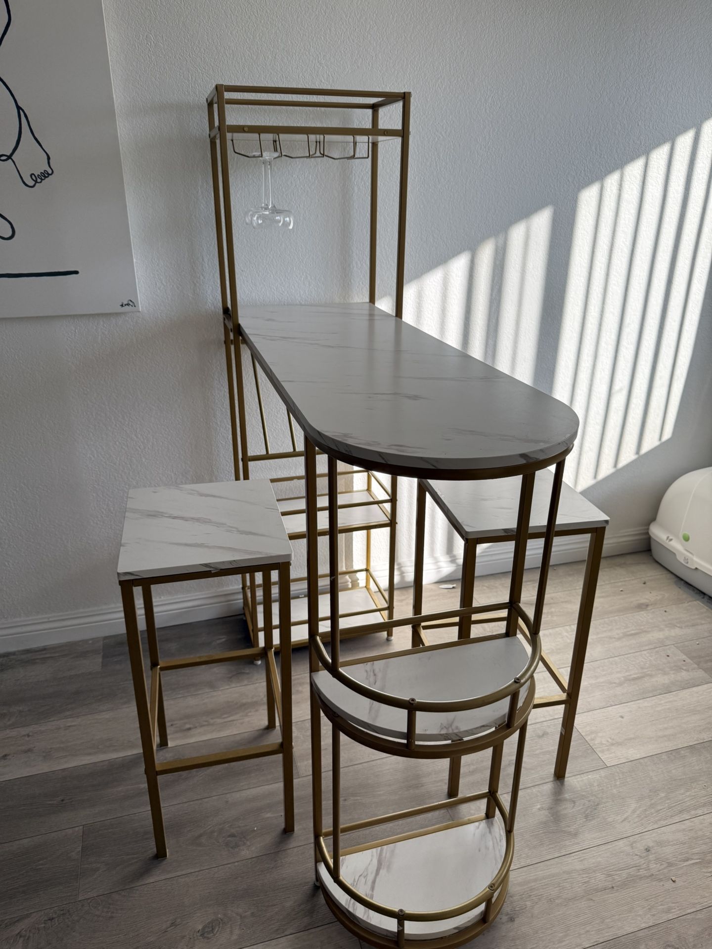 White Faux Marble Gold Bar Table Set w/ Storage + 2 Stools – Like New