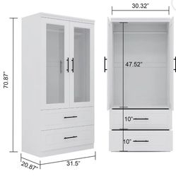 ✌️ Wardrobe Armoire Closet with 2 Doors, 2 Drawers, Hanging Rod, Modern White Freestanding Armoire 