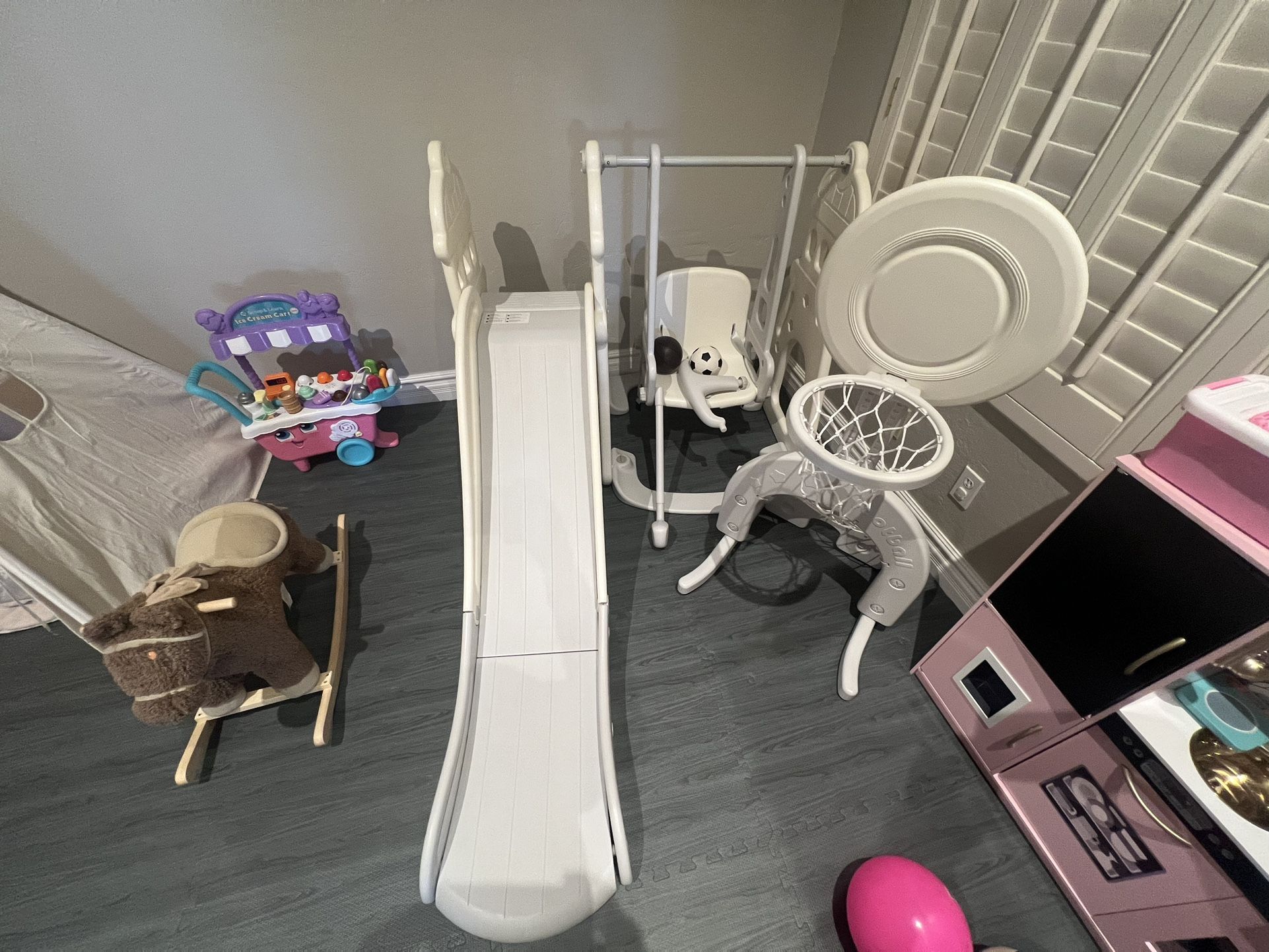Toddler Slide And Swingset With Soccer Net And Basketball Goal