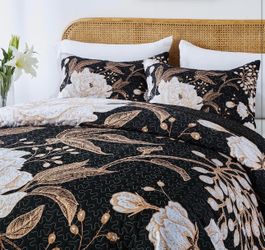 New Queen Size Quilt Set,White Gold Floral Botanical Pattern Black Bedding Bedspread Coverlet