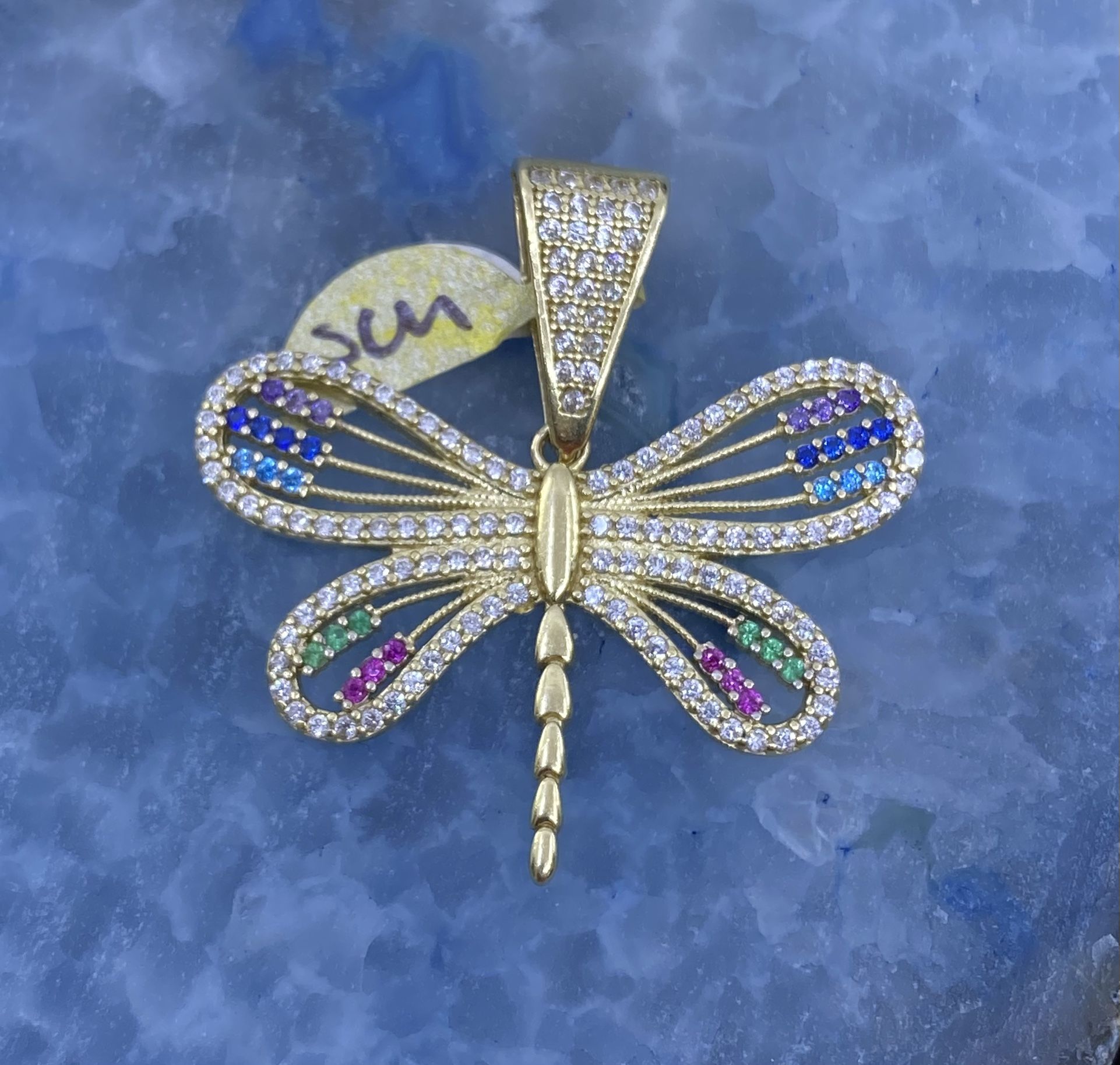 $550 Yellow Gold w Zirconia Dragonfly Animal Charm Pendant