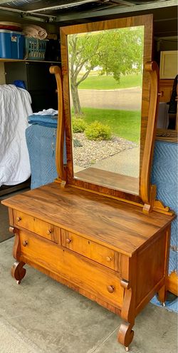 Antique American Empire Solid Wood Dresser Chest and Mirror