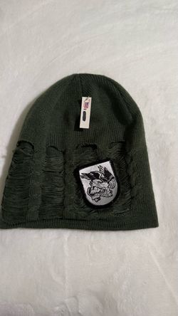 Green Distressed Knit Beanie with Eagle Patch