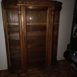     PRICE DROP NOW $900.00  HAND CARVED SOLID OAK  THREE SHELVE ROUNDED  LOCKING CHINA CABINET 