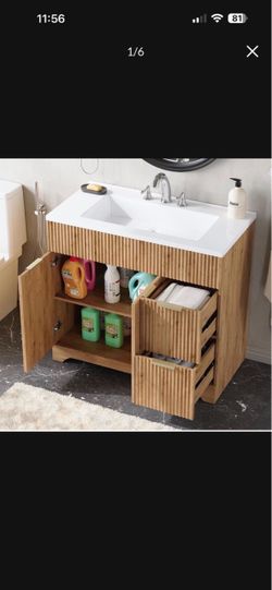 Mid Century Modern 37“ Fluted Bathroom Vanity with Ceramic Sink Cabinet Natural Wood Farmhouse Floor Standing Storage Unit, Large Drawer & Vani