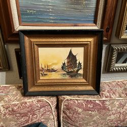 Small Vintage Painting Of Boats 