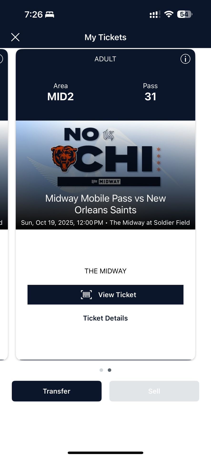 2 Midway Mobile Passes - Bears vs. Saints (Oct 19) - Pre-Game Party!