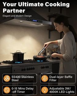 30 inch Stainless Steel Wall Mount Range Hood - 900 CFM, Ultra-Quiet 4-Speed Vent, Touch/Remote Control LCD, LED Lights, Ducted/Ductless Convertible