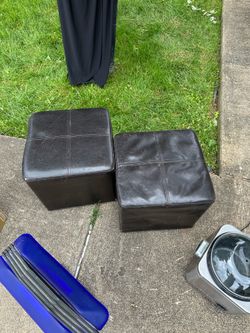 Set of 2 Black Faux Leather Cube Ottomans