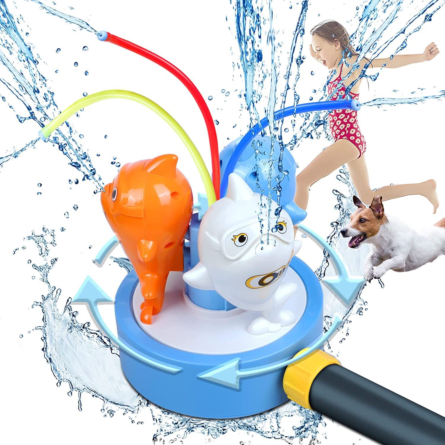 Water Sprinkler for Kids and Toddlers, Backyard Spinning Shark Sprinkler with Wiggle Tubes, Summer Outdoor Water Toys Gifts for 1-10 Years Old Boys Gi