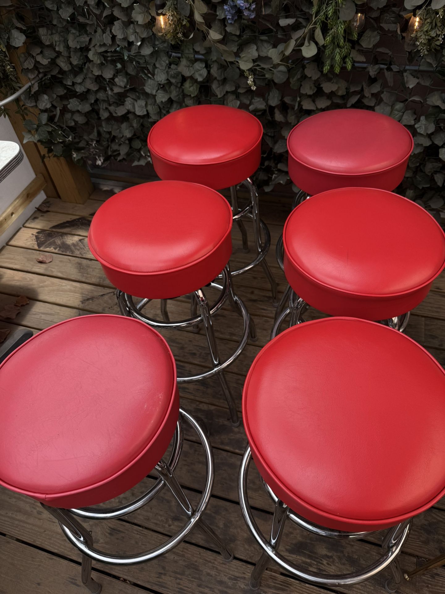 6 red Vinyl Bar Stools With Chrome Legs