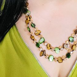 Long Length Bohemian Style Beaded Necklace with Green and Gold Beads for Stylish Outfits