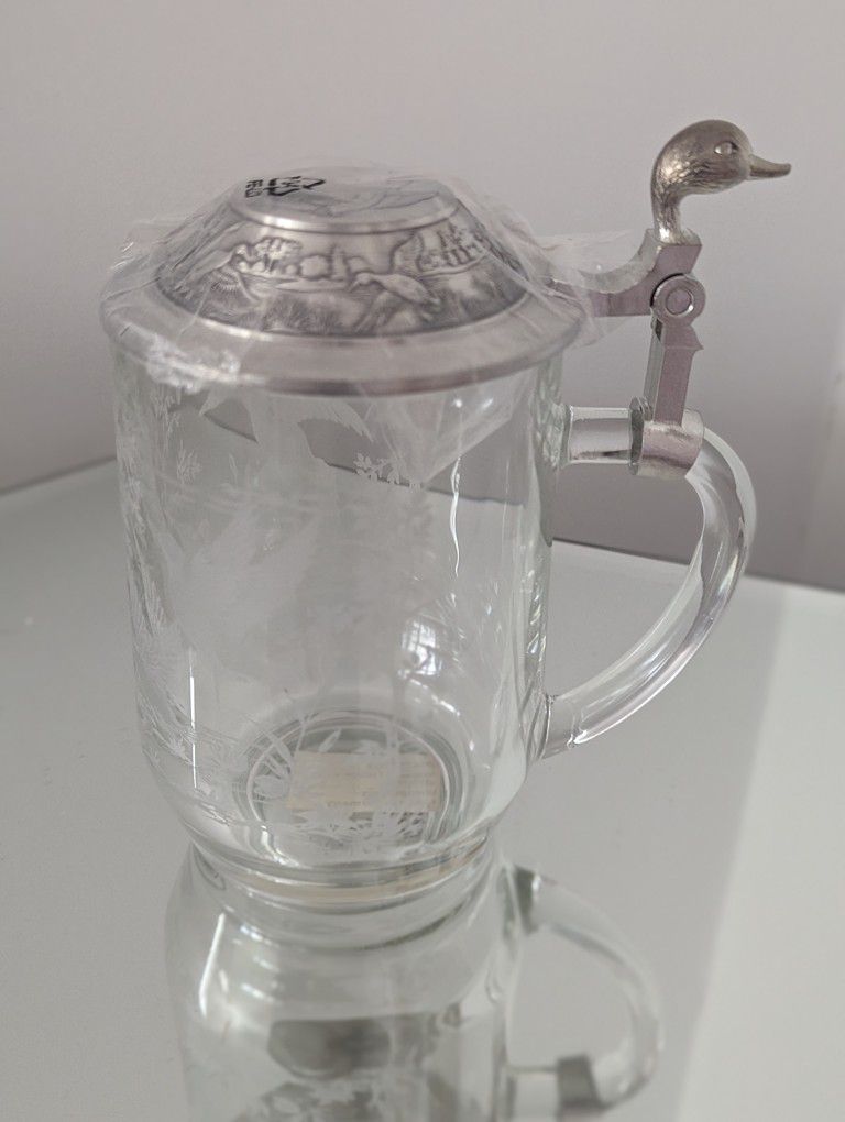 Vintage Beer Mug/Stein Etched Glass Pewter Lid Mallard Duck In Flight France


