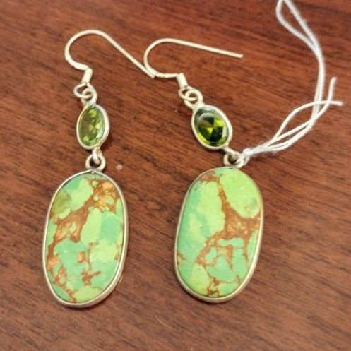 925 Long Dangle Green Copper Turquoise W/ Peridot 