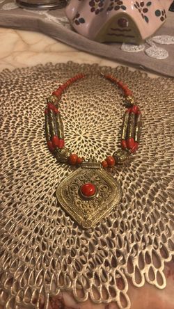 Tribal Gold-Tone Coral Bead Pendant Necklace