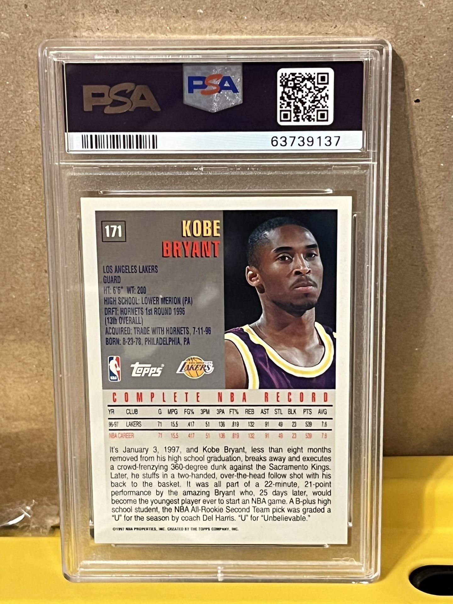 1997 TOPPS KOBE BRYANT PSA 8 LA LAKERS NM