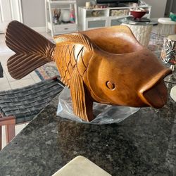 KOI FISH TEAK WOOD CARVED RARE 21” Long 8” Wide 10” Tall 