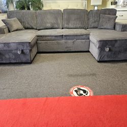 Brand New 60"×115"x60" Gray Corduroy Sleeper Sofa Bed With 2 Storage Chaises
